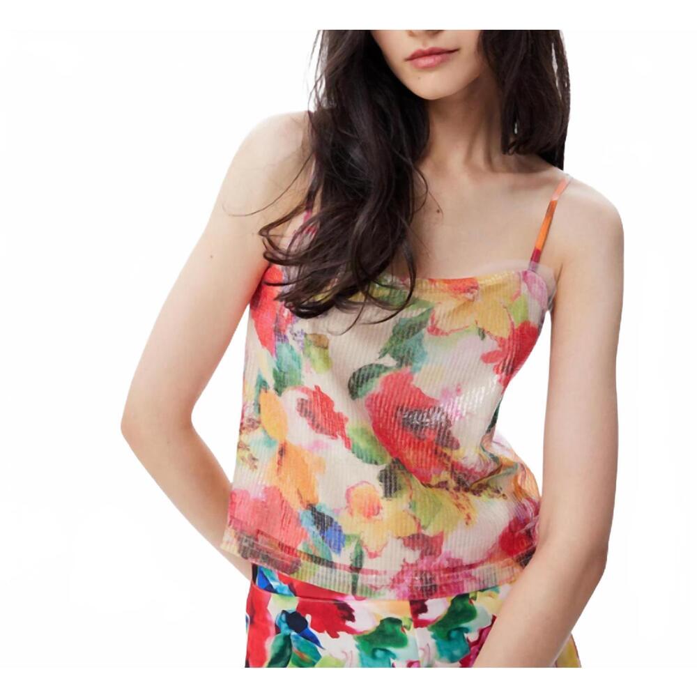 NEW THEO THE LABEL theia flower print sequin tank top in mandarine